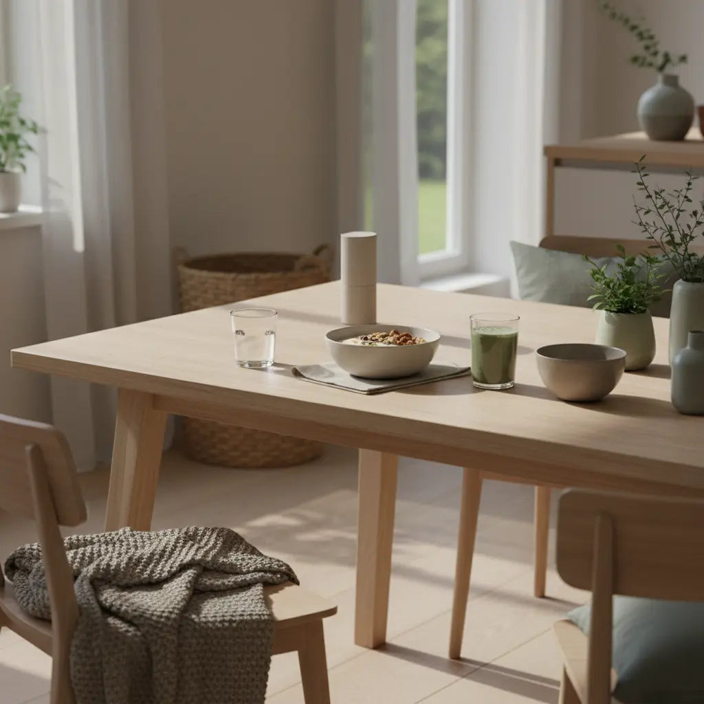 Sanfte Morgenküche mit veganer Müsli-Schale, Shake und nachhaltigem Holztisch in ruhiger, nährender Stimmung – schnell 10 kilo abnehmen