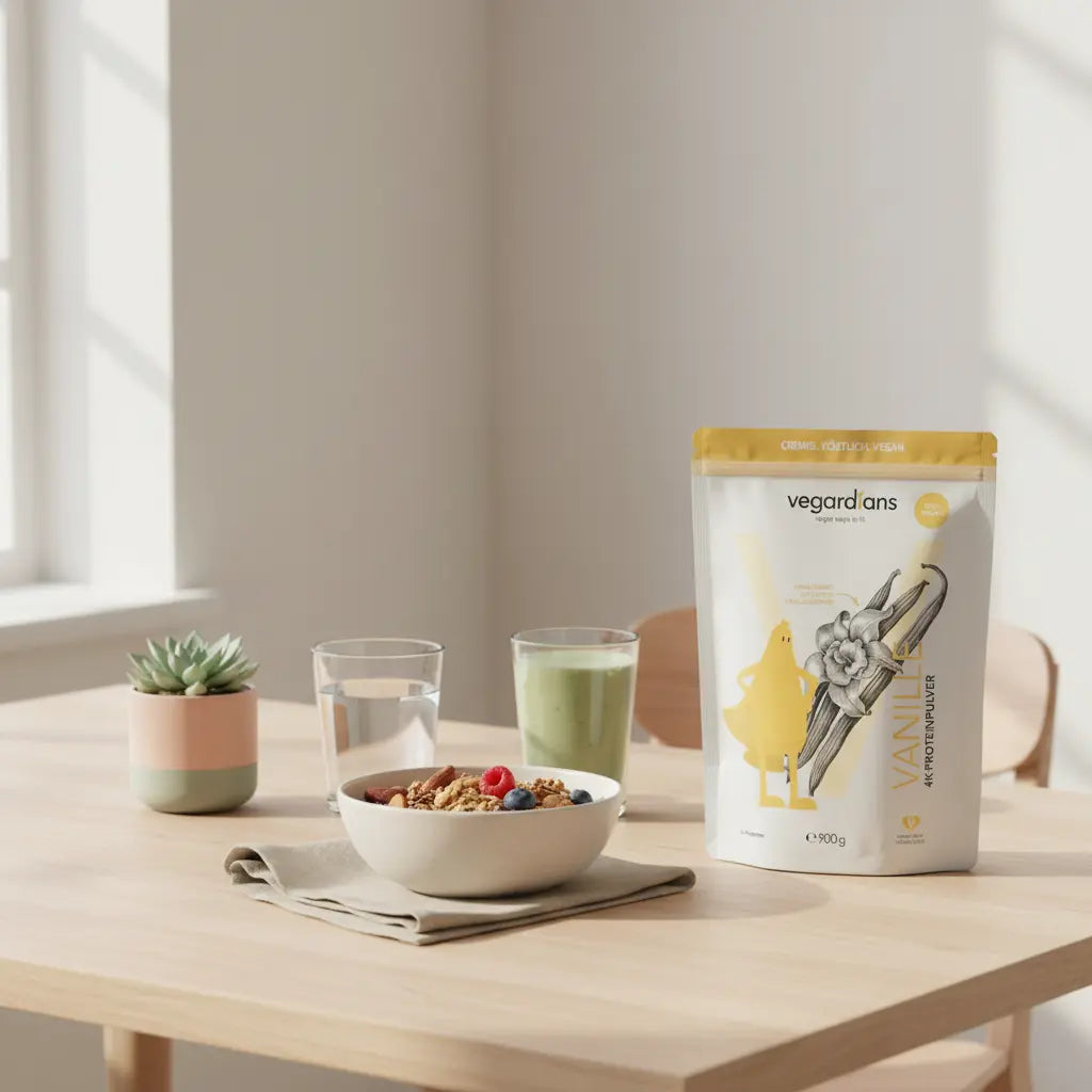 Minimalistische europäische Küchenszene morgens mit nachhaltigem Holztisch, Glas Wasser, Müslischale, Pflanzenshake und Referenzprodukt – schnell abnehmen mit sport