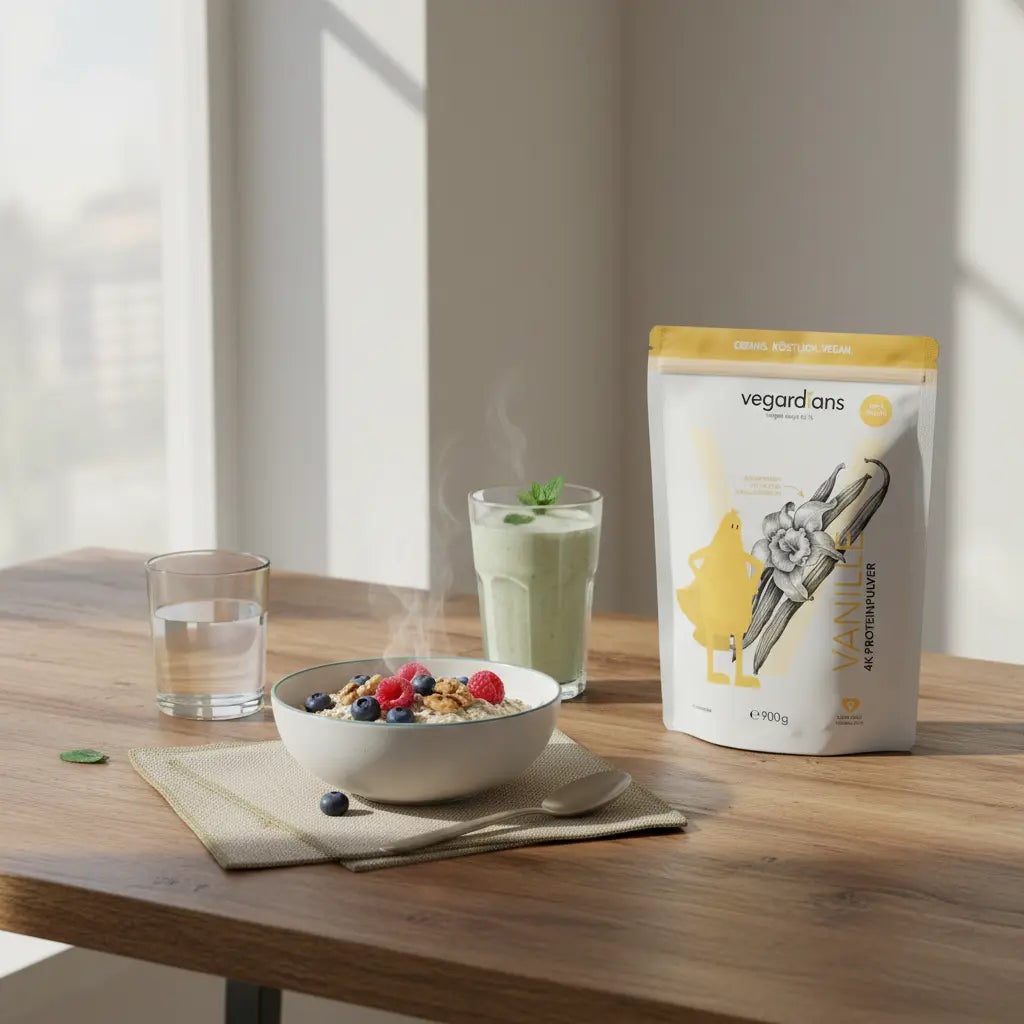 Morgendliche europäische Küche mit Holztisch, Haferbrei mit Beeren und Nüssen, Shake und Glas Wasser – nährende Mahlzeit, die beim schnell Fett verlieren unterstützt.