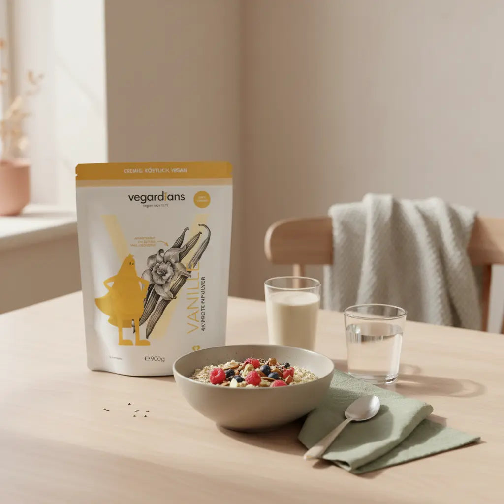 Vegane Morgenmahlzeit mit Haferbrei, Nüssen, Beeren, Proteinshake und Vegardians-Produkt auf Holztisch – bewusstes Frühstück zum schnell Fett verlieren