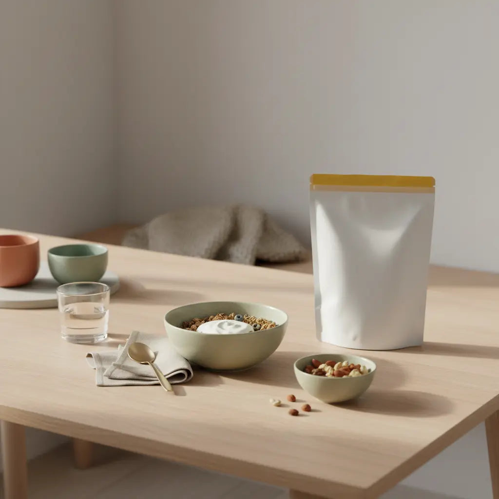 Morgenaufnahme eines nachhaltigen Holztisches mit Müsli, pflanzlichem Joghurt, Nüssen, Wasserglas und Vegardians-Produkt – ruhige Szene für schnell Fett verlieren.