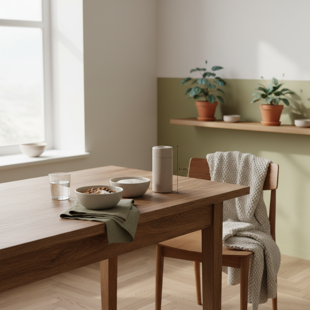 Minimalistisches veganes Frühstück mit Granola, Joghurt, Nüssen und Shake in Keramikschalen auf nachhaltigem Tisch im Morgenlicht, warme Erdtöne – schnell fit werden