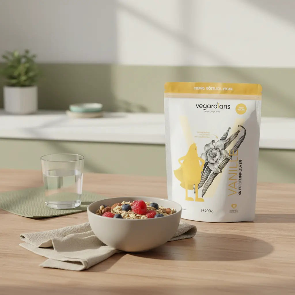 Minimalistische Frühstücksszene mit proteinreichem Müsli, Glas Wasser und verschlossenem Produktbehälter auf nachhaltigem Holztisch – Inspiration zum schnell körperfett verlieren