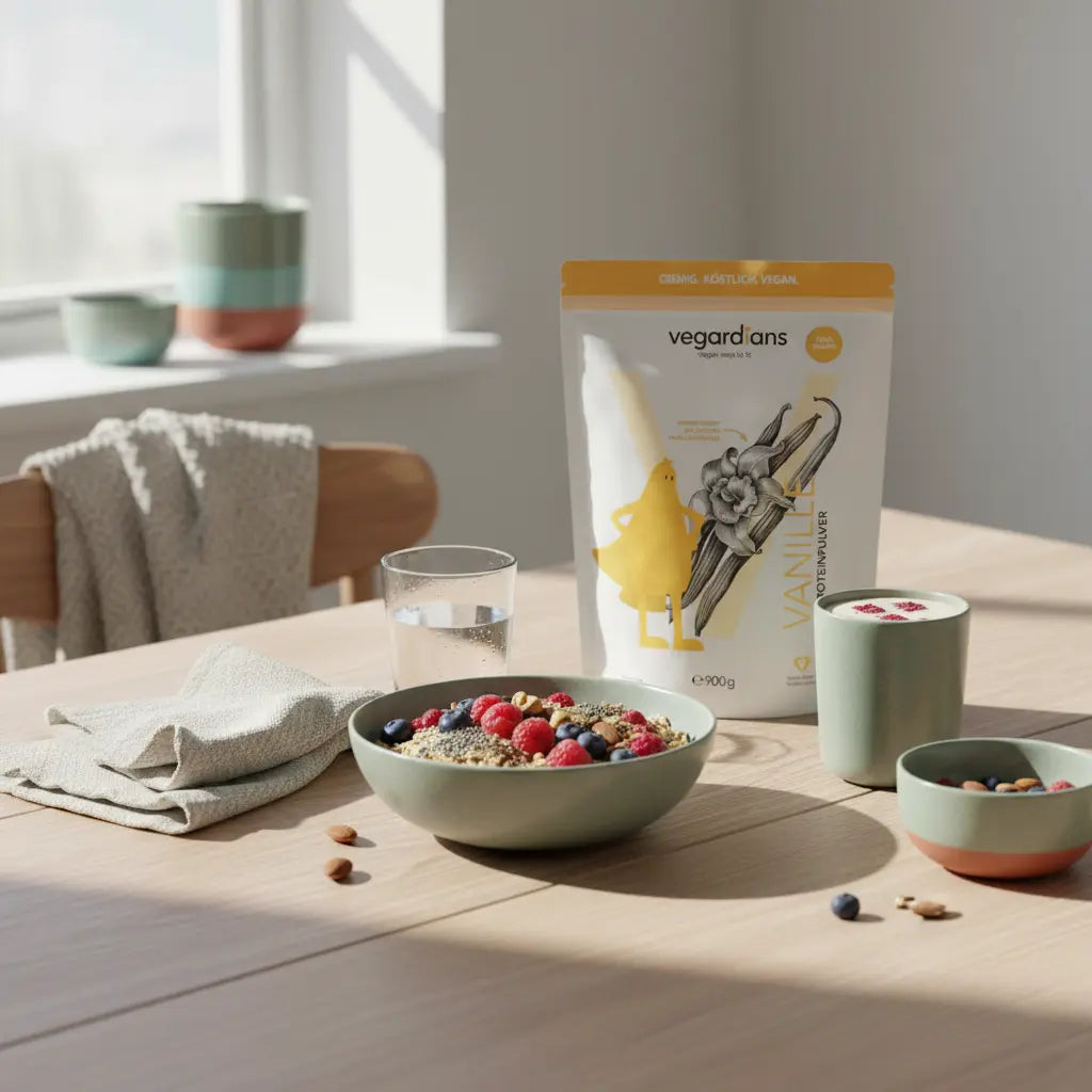 Veganes proteinreiches Frühstück mit Hafer, Beeren, Nüssen, Glas Wasser und Produkt aus den Referenzfotos auf nachhaltigem Holztisch im Morgenlicht, salbei Akzente, schnell Körperfett verlieren