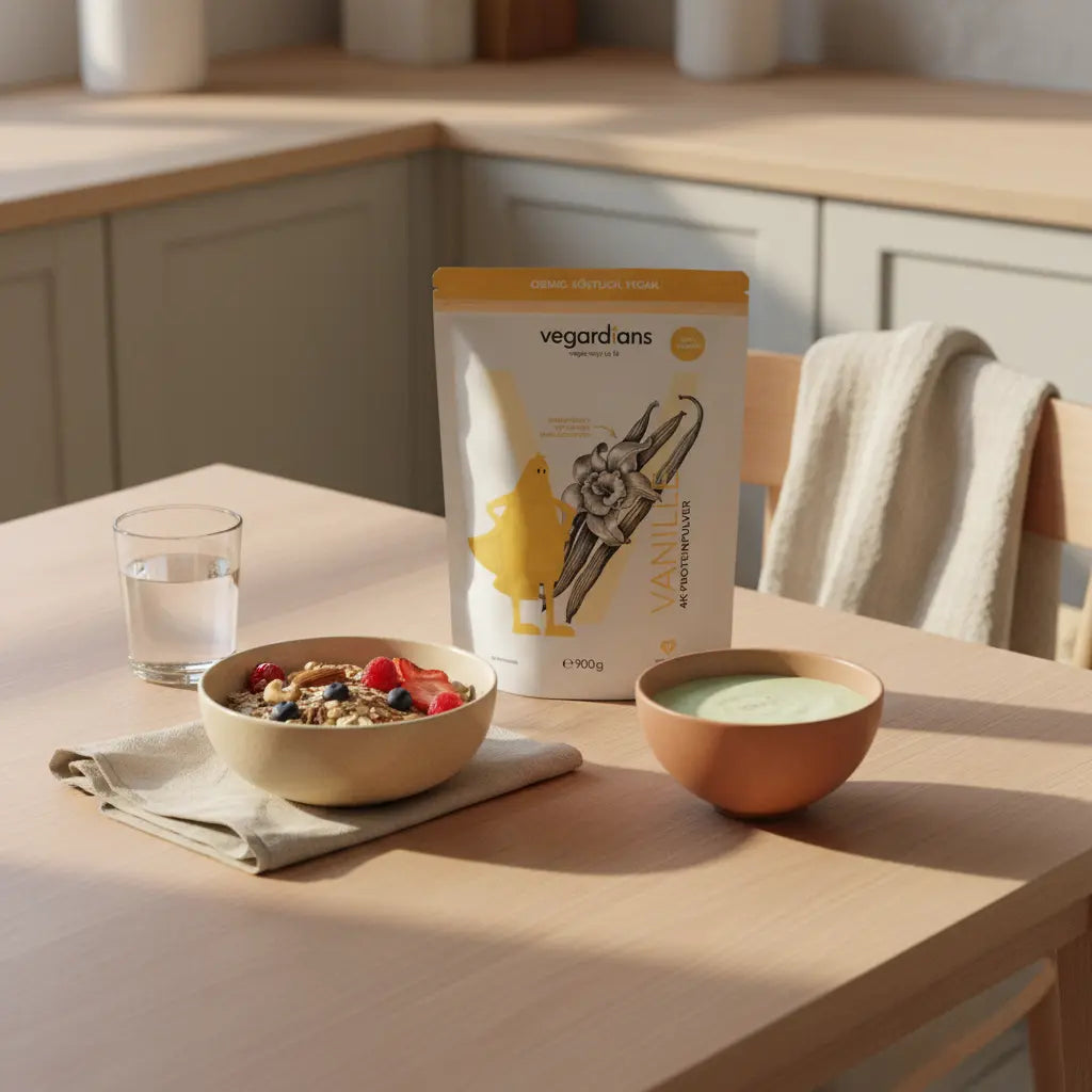 Minimalistisches Morgenfrühstück mit Müsli, pflanzlichem Shake und Glas Wasser auf nachhaltigem Holztisch zur Unterstützung schnellen stoffwechsel