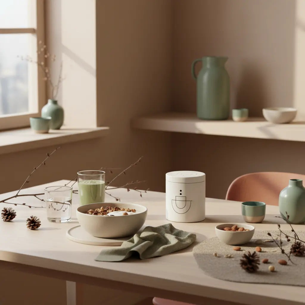 Minimalistisches Frühstück in europäischer Küche mit Granola, pflanzlichem Joghurt, Nüssen und Shake auf nachhaltigem Tisch – nährend für schnellen Muskelaufbau