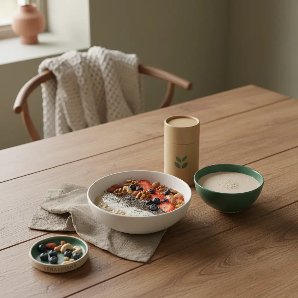 Veganes proteinreiches Frühstück mit Hafer, Nüssen, Beeren und Shake auf nachhaltigem Holztisch – ideal für schneller Muskelaufbau.
