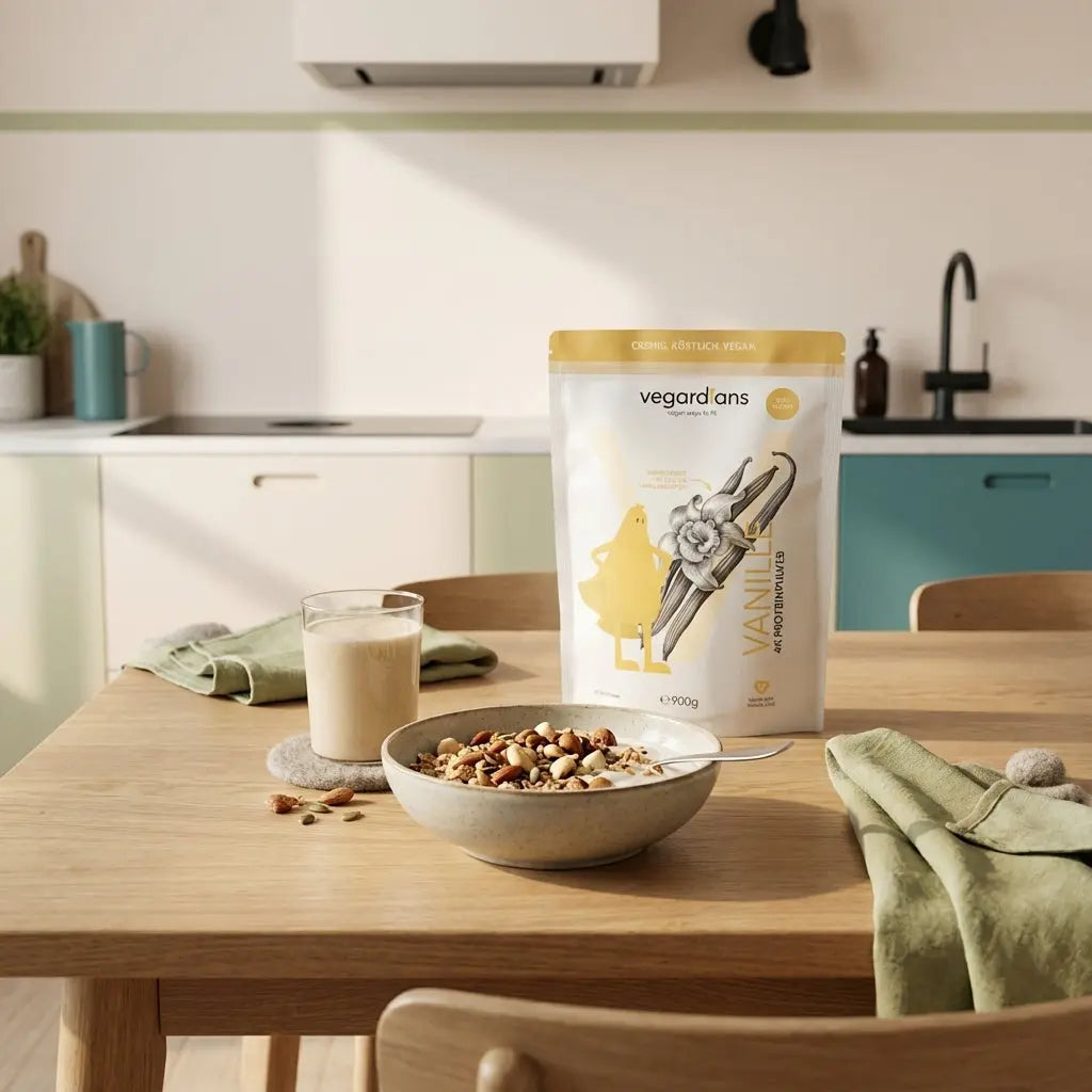 Proteinreiche vegane Frühstücks-Bowl mit Shake auf nachhaltigem Holztisch im sanften Morgenlicht, ruhige Farben, Fokus auf schneller Muskelaufbau