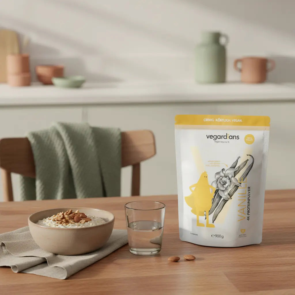 Schwarzkümmelöl Wirkung: Produkt aus den Referenzfotos auf nachhaltigem Holztisch neben Haferflocken, Nüssen und Glas Wasser im sanften Morgenlicht.