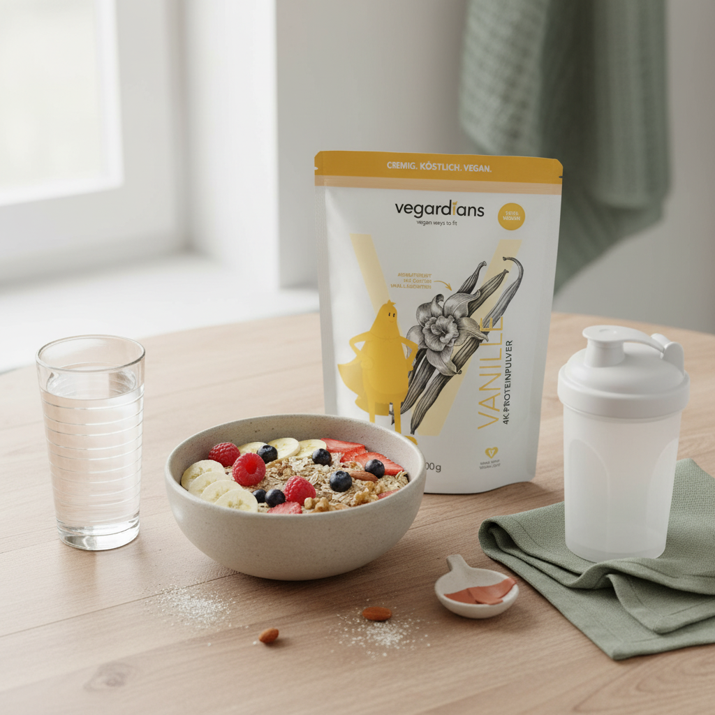 Veganer Frühstückstisch in europäischer Küche mit Glas Wasser, Hafer‑Müsli, Nüssen, Früchten und verschlossenem Shakebecher für Shake-Diät im sanften Morgenlicht.