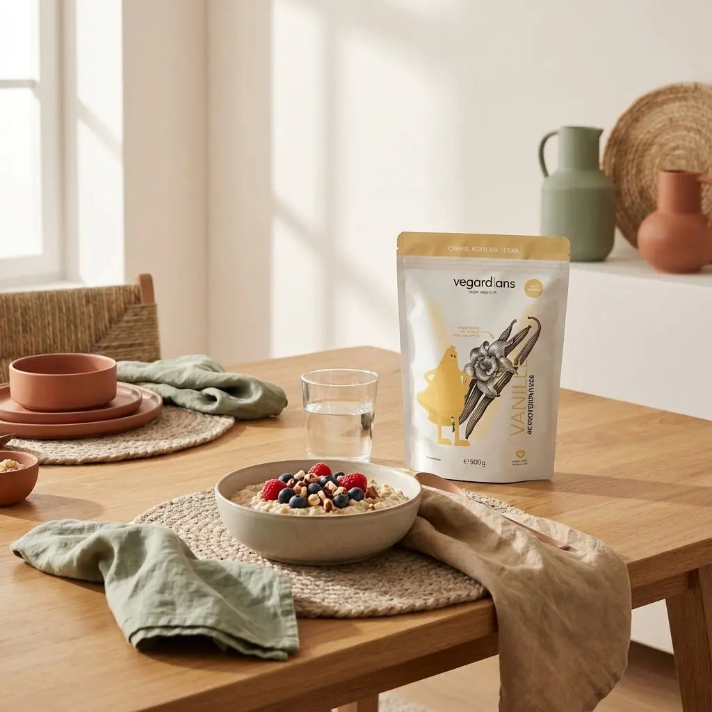 Veganer Frühstückstisch mit Protein-Porridge, Beeren, Nüssen und klarem Glas Wasser auf nachhaltigem Holztisch in sanftem Morgenlicht — Shred-Diät