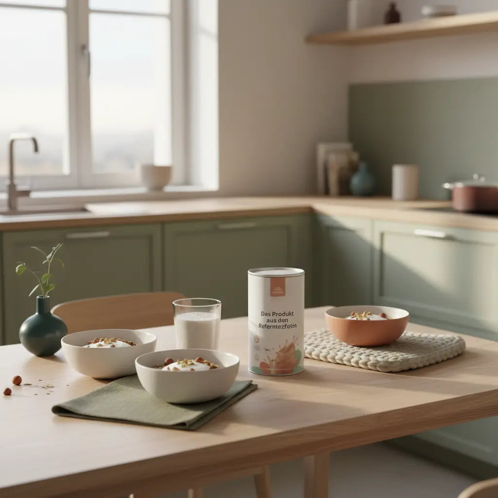 Minimalistische Morgenaufnahme: Holztisch mit Granola, Joghurt, Nüssen, Haferdrink und Proteinshake (Das Produkt aus den Referenzfotos). Farbwelt Beige, Salbeigrün #B0BF71. sind gesunde kekse wirklich gesund?