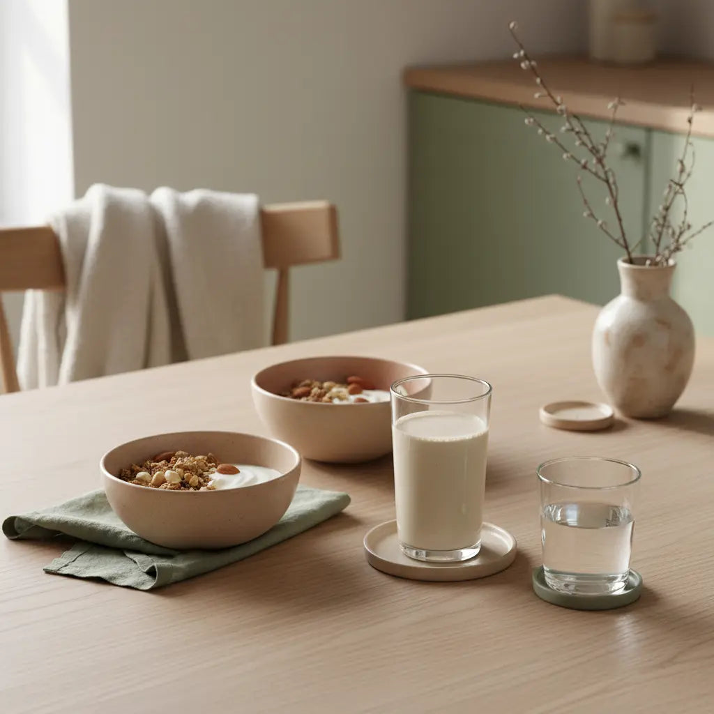 Minimalistische europäische Küchen-Morgenszene mit veganem Granola, Joghurt, Nüssen und cremigem Shake auf nachhaltigem Tisch – sind pflanzliche proteine gesünder, Vegardians-Ästhetik.