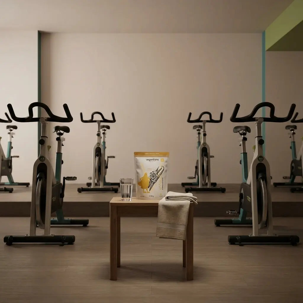 Spinning vs. Indoor‑Cycling: Leeres, stilvolles Indoor‑Cycling‑Studio bei gedämpftem Licht mit Reihe von Bikes, kleinem Ablagetisch, Glas Wasser und Vegardians‑Produkt