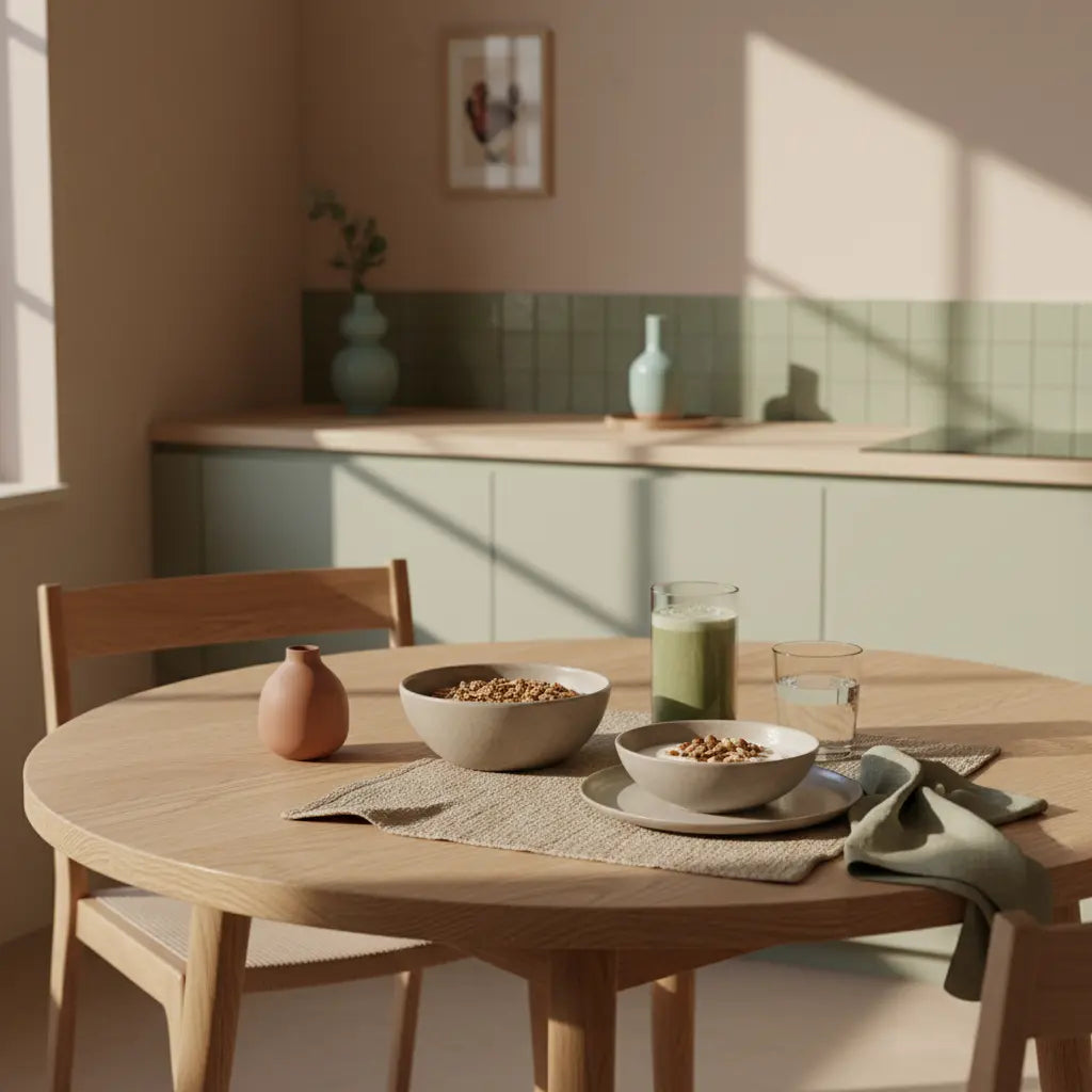 Veganes Frühstück auf minimalistischem Küchentisch im ruhigen Morgenlicht mit Granola, Joghurt, Nüssen und Shake – fördert Sport bei Depressionen