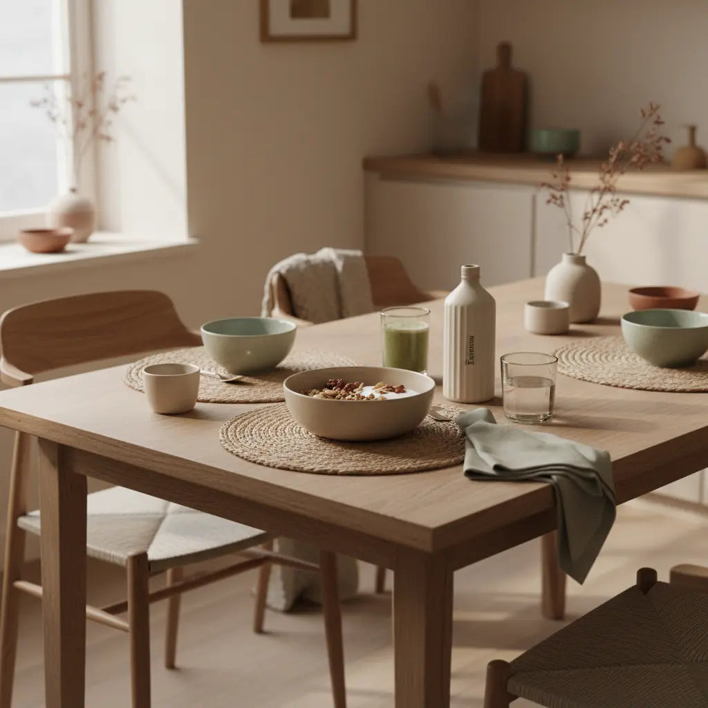 Minimalistisches Frühstück in europäischer Küche mit Granola, veganem Joghurt, Nüssen und Shake in Keramikschalen, ruhige Morgenstimmung – ideal für Sport zu Hause.