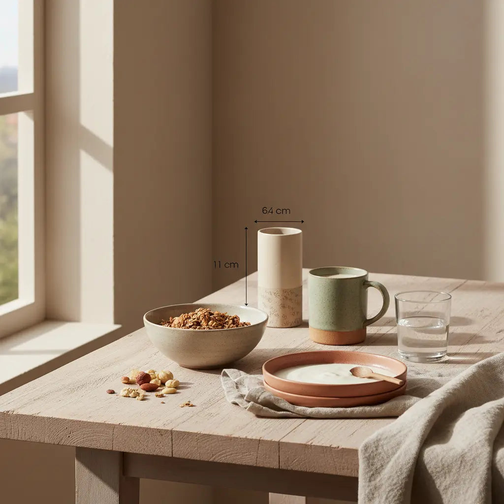 Minimalistisches Frühstück mit Granola, pflanzlichem Joghurt, Nüssen und Shake in einer europäischen Küche bei Morgenlicht – inspiriert, um sportliche Ziele setzen