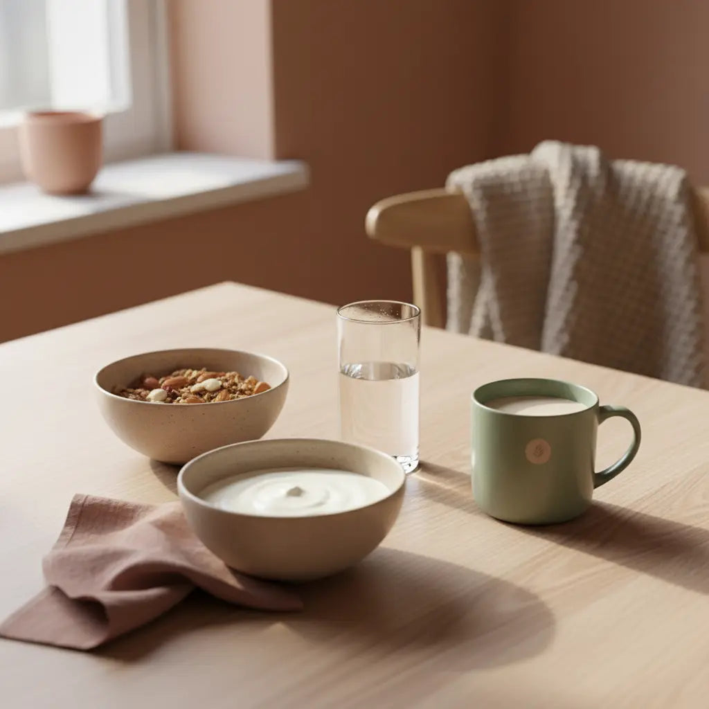 Minimalistisches Frühstück in europäischer Küche mit Granola, pflanzlichem Joghurt, Nüssen und Shake vor Hintergrund #F7EDE6 – Achtsamkeit und Ernährung bei starker eisenmangel