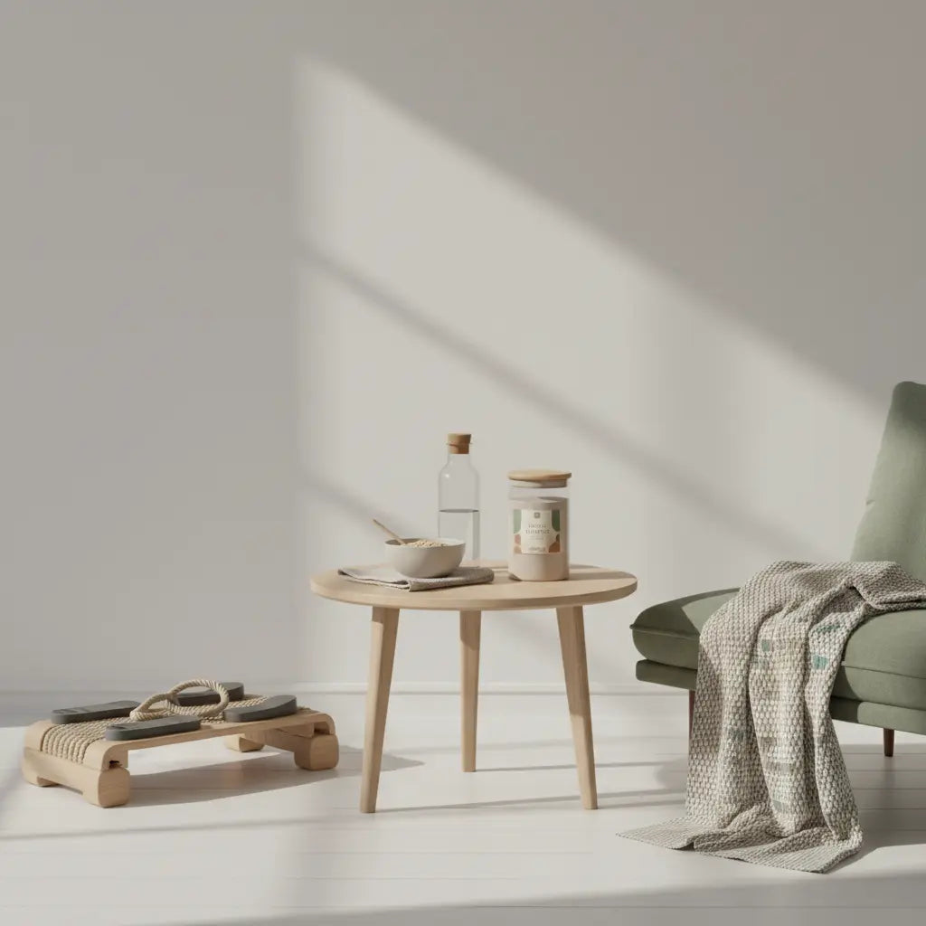 Kompakter stepper neben kleinem Holztisch mit Schale Haferflocken, Wasserflasche und geschlossenem Glas Proteinpulver (Das Produkt aus den Referenzfotos), skandinavisches Morgenlicht