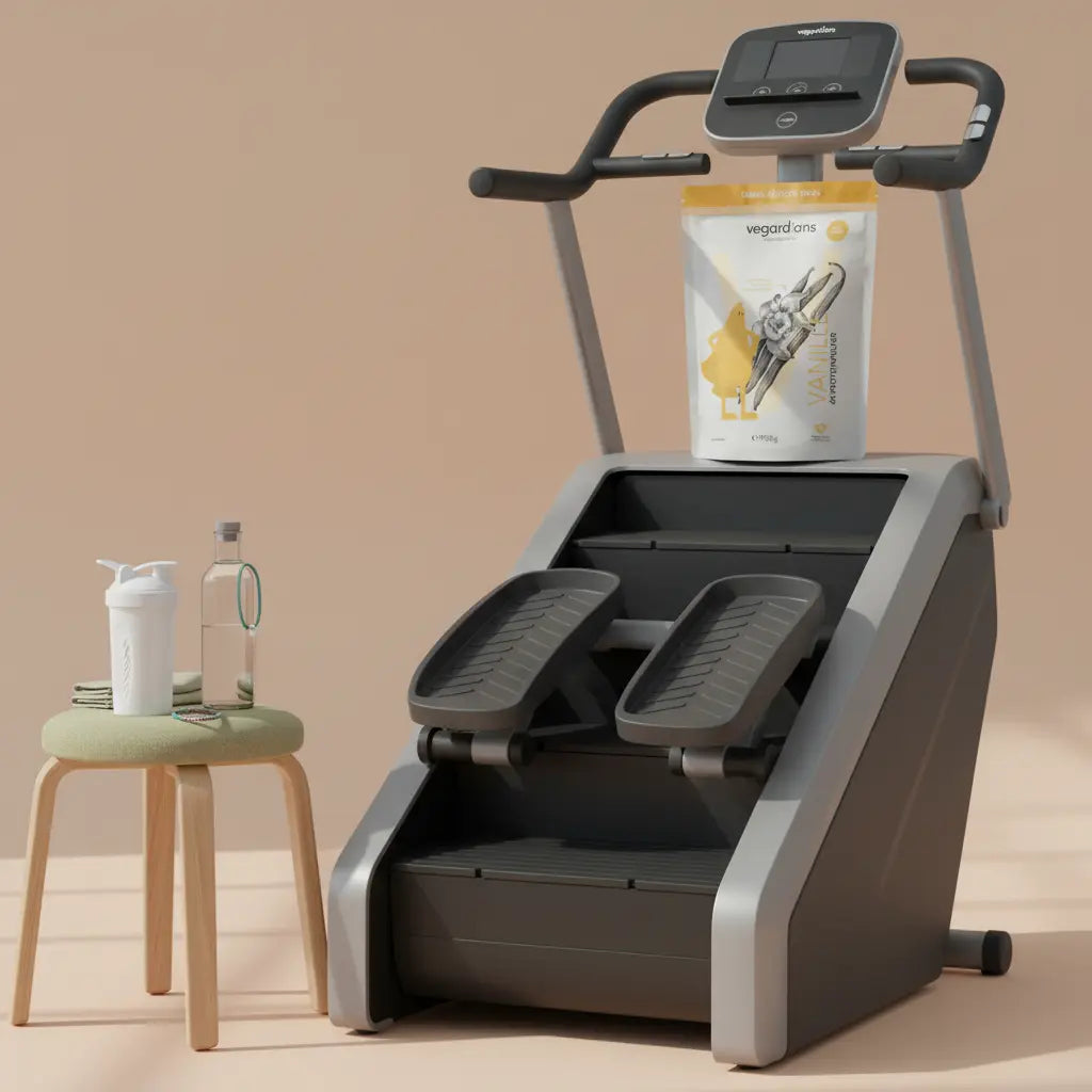 Nahaufnahme eines Stepper-Stair-Climbers im Studio, Fokus auf Trittflächen und Display, Wasserflasche und geschlossener Protein-Shaker auf Hocker, minimal, #B0BF71/#4A9A9E Akzente