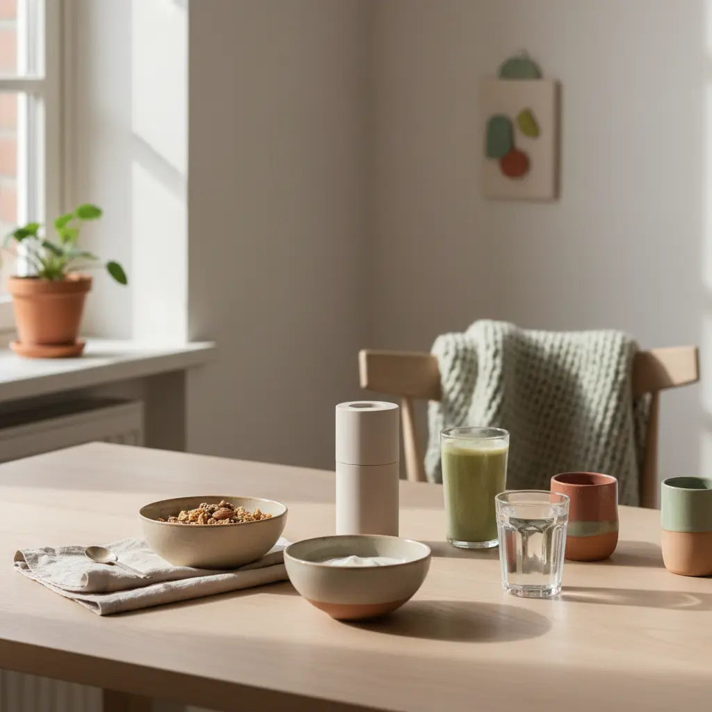 Ruhiges, nachhaltiges Frühstück in europäischer Küche bei Morgenlicht mit Granola, pflanzlichem Joghurt und Shake – symbolisch für achtsame Selbstfürsorge und stille Depression.