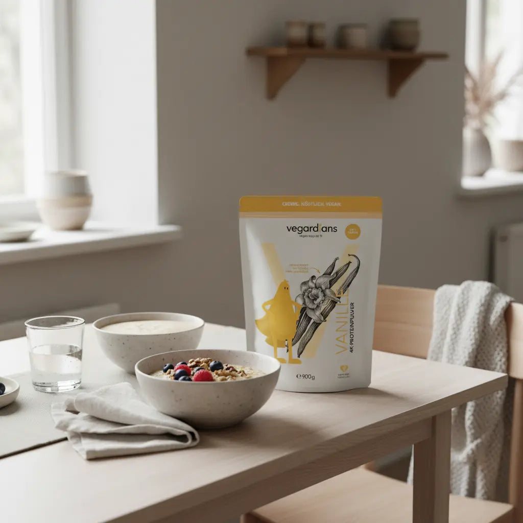 Veganer Frühstückstisch mit Porridge, Shake und Glas Wasser in sanftem Morgenlicht, natürliche Texturen – Stoffwechsel ankurbeln