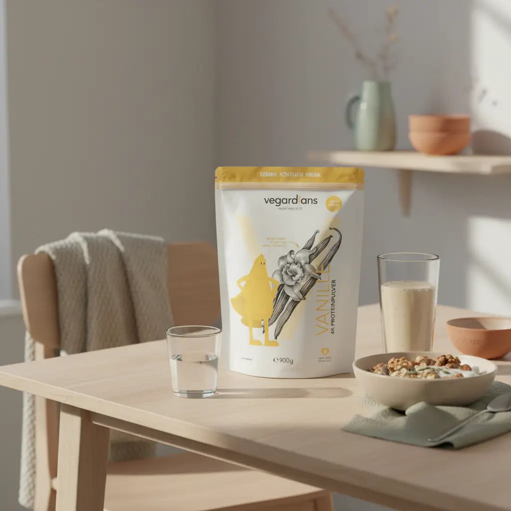 Minimalistisches Frühstück mit veganem Müsli, Joghurt‑Alternative, Nüssen, Shake und Vegardians-Produkt auf nachhaltigem Tisch im Morgenlicht, stoffwechsel ankurbeln