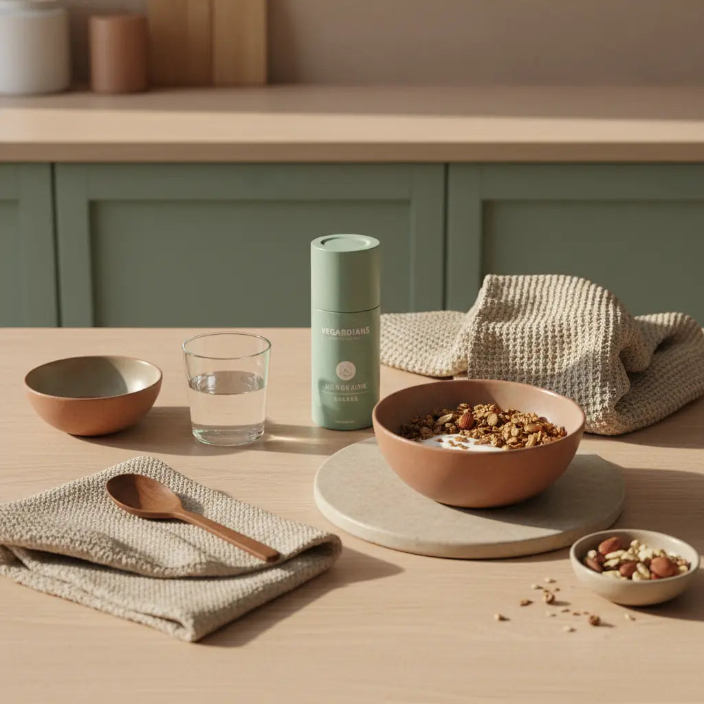 Veganes Frühstück mit Granola, Joghurtalternative, Nüssen und Shake in einer klaren europäischen Küche, bewusst nahrhaft, Stoffwechsel anregen