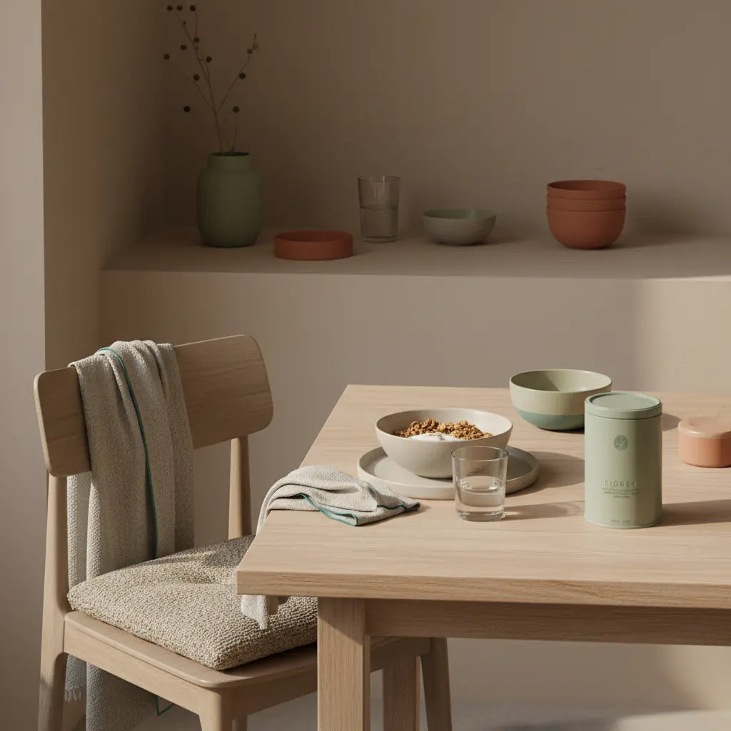 Veganes, minimalistisches Frühstück mit Granola, pflanzlichem Joghurt, Nüssen und Shake in einer warmen Morgenküche, nachhaltiges Setting – stoffwechsel anregen