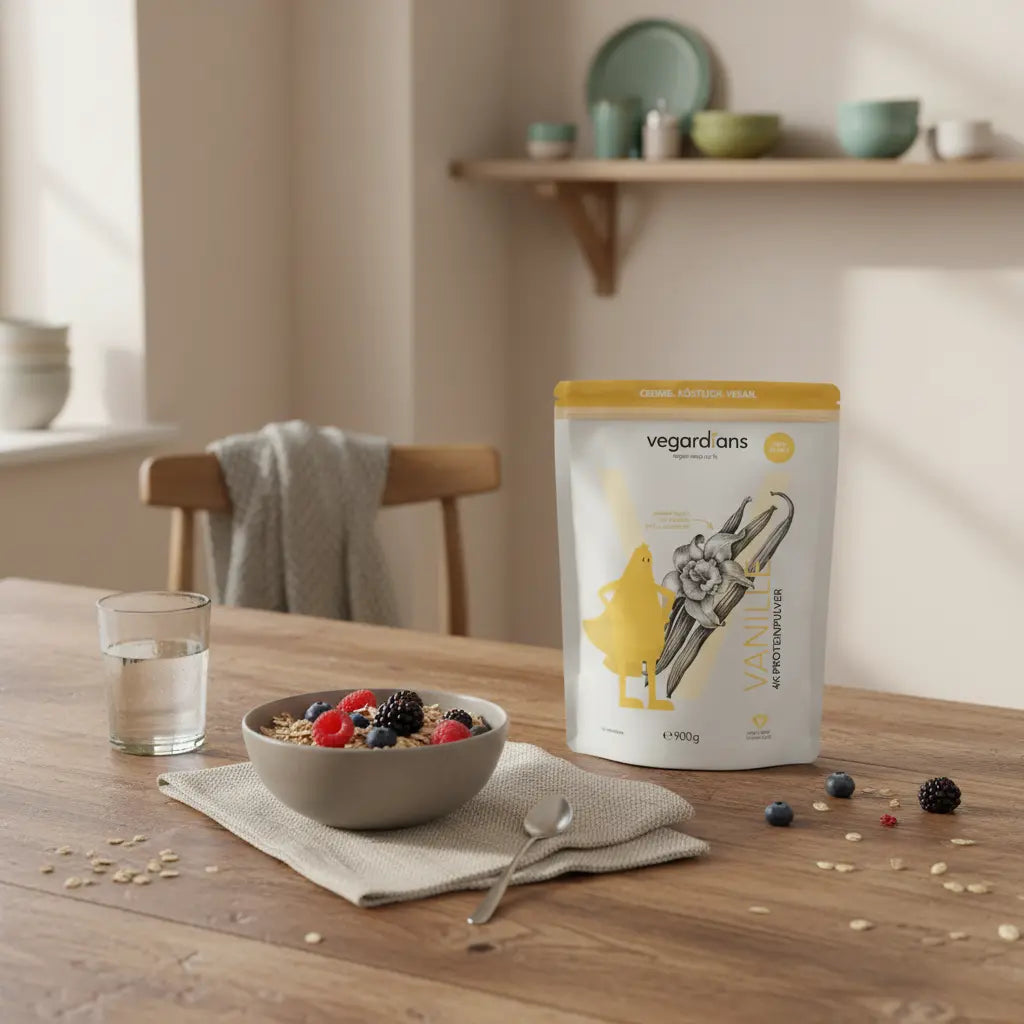 Minimalistisches Frühstück mit Müsli, Glas Wasser und geschlossenem Glas pflanzliches Proteinpulver auf rustikalem Tisch – Stoffwechsel anregen