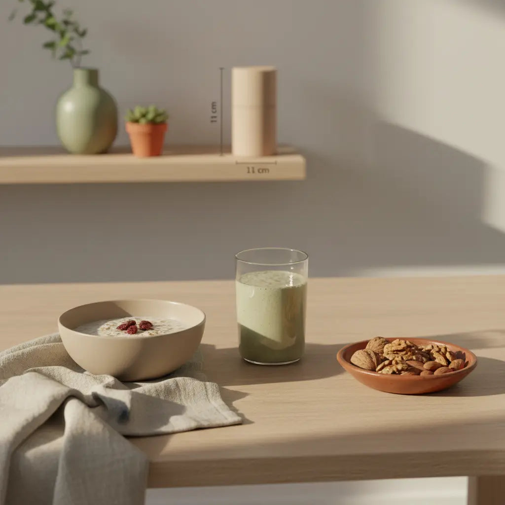 Veganes Frühstück mit Haferbrei, Shake, Nüssen und dezentem Algenöl im Hintergrund in warmer Morgenlichtszene – ideal für Stoffwechsel Diät.