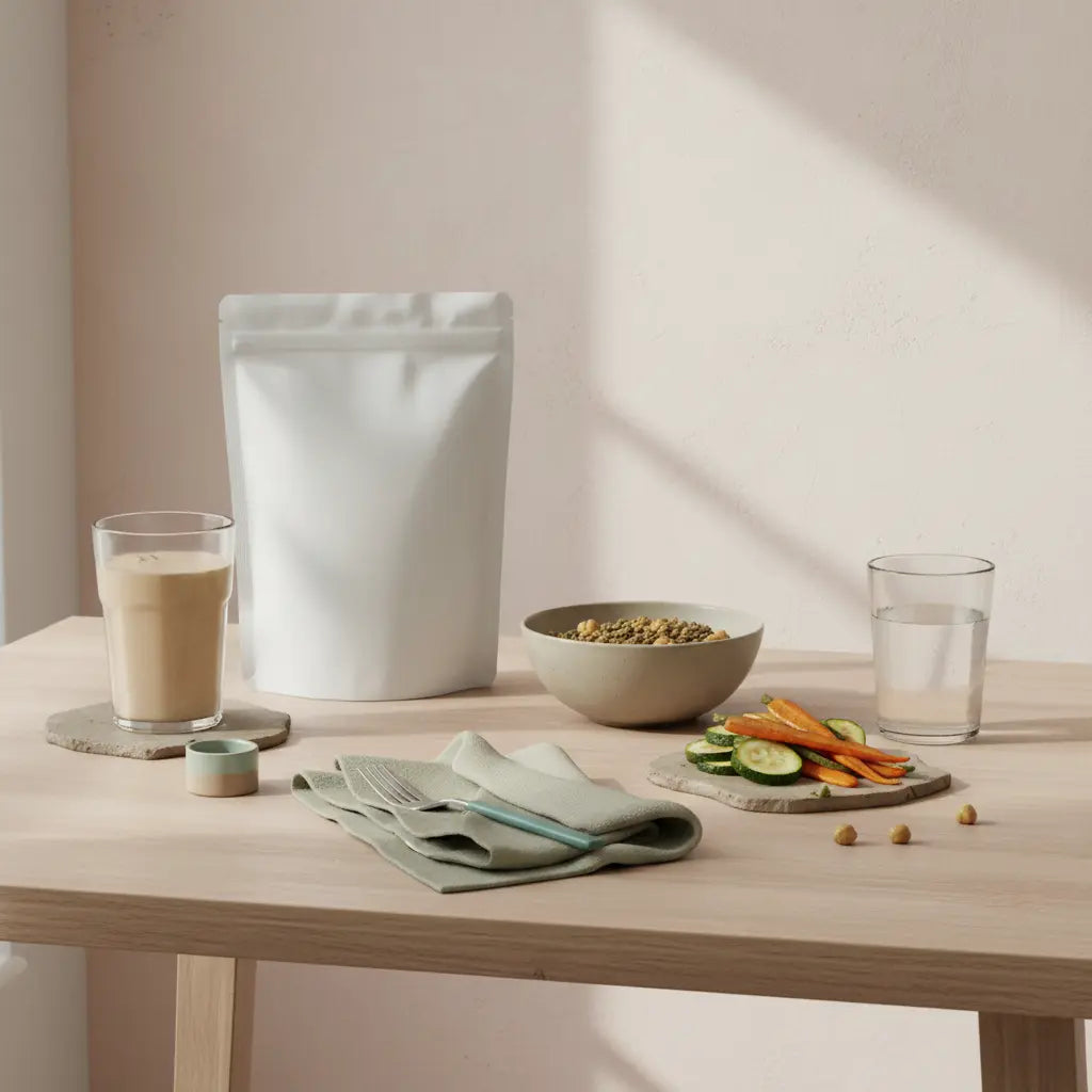 Vegane Abendmahlzeit auf nachhaltigem Holztisch im sanften Morgenlicht mit Proteinshake, Schale Hülsenfrüchte, Gemüse und Glas Wasser – Stoffwechsel nachts ankurbeln