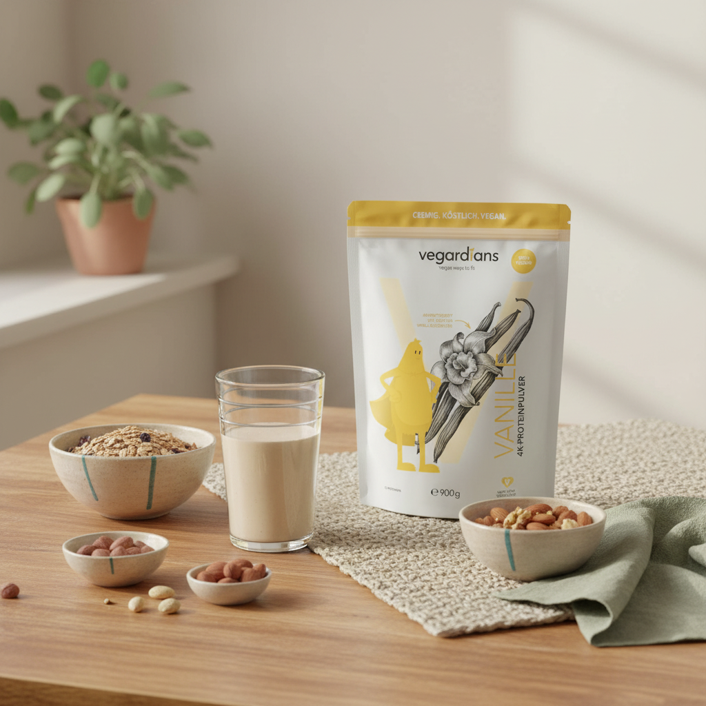 Minimalistische Morgenküche mit veganem Proteinshake, Glas Wasser und Müsli auf Holztisch – stoffwechsel sofort anregen