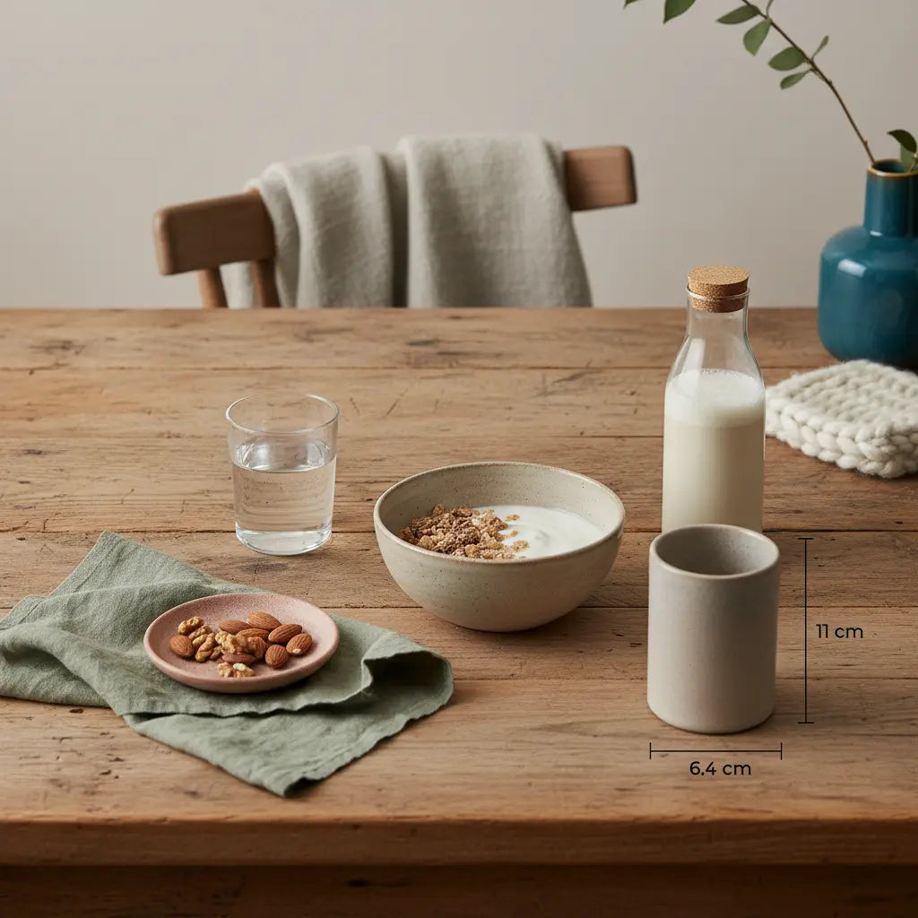 Minimalistische europäische Küchenszene am Morgen mit nachhaltigem Holztisch, Glas Wasser, Müsli, Nüssen und einem stoffwechselshake im schlichten Glas.