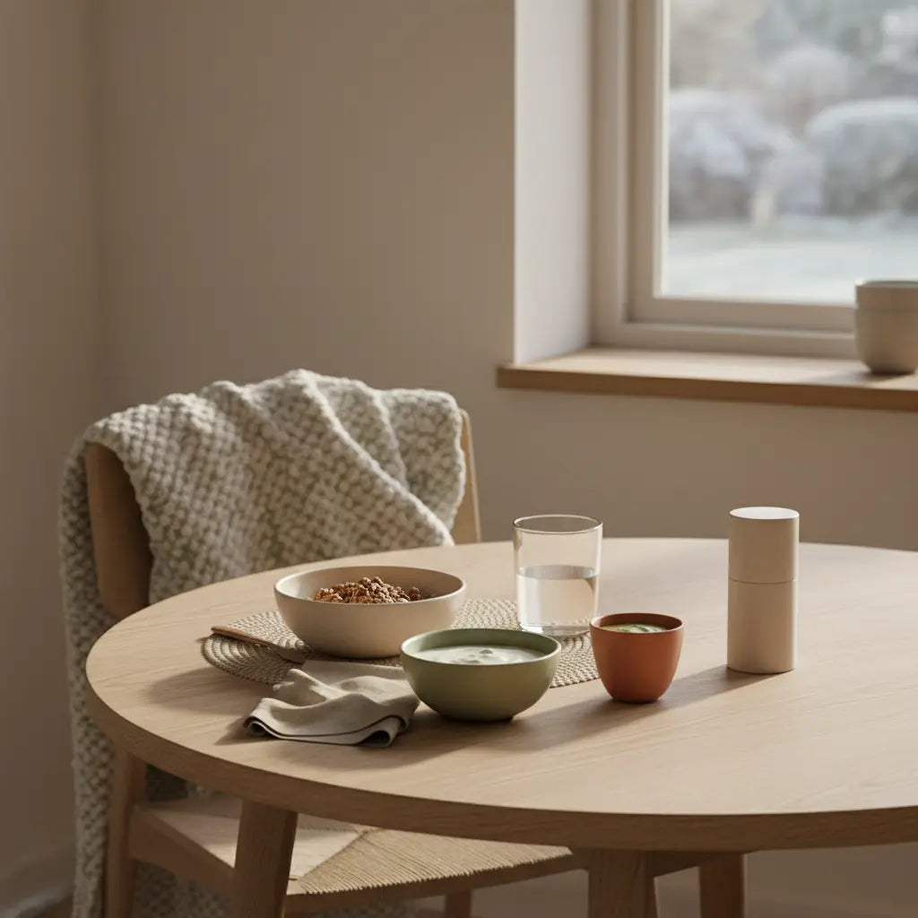 Minimalistisches Frühstück in heller europäischer Küche mit veganem Granola, Joghurt, Nüssen und Shake auf nachhaltigem Tisch, natürliche Wintertexturen, symptome proteinmangel