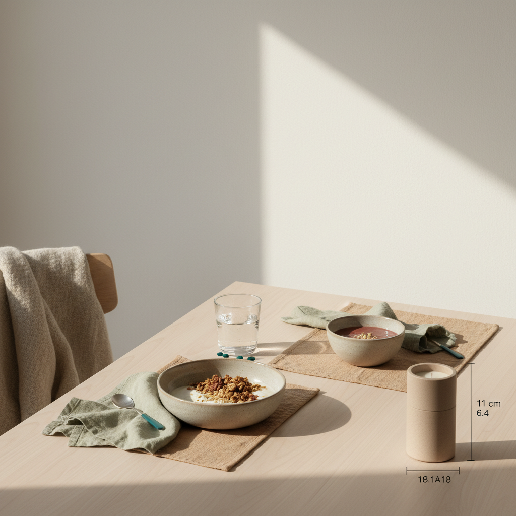 Minimalistische Frühstücksszene mit veganer Schale, Glas Wasser und dem Produkt – Tabletten gegen Winterdepression, ruhige beige-sage Farbwelt