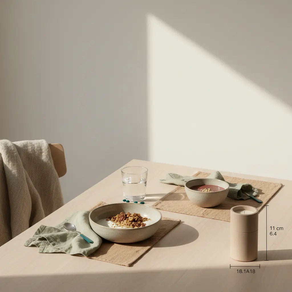 Minimalistische Frühstücksszene mit veganer Schale, Glas Wasser und dem Produkt – Tabletten gegen Winterdepression, ruhige beige-sage Farbwelt