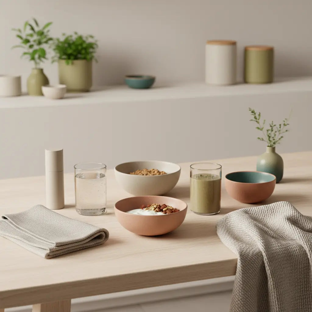 Minimalistisches Frühstück mit Granola, pflanzlichem Joghurt, Nüssen und Shake auf nachhaltigem Holztisch in sanftem Morgenlicht – tägliche Vollwerternährung.