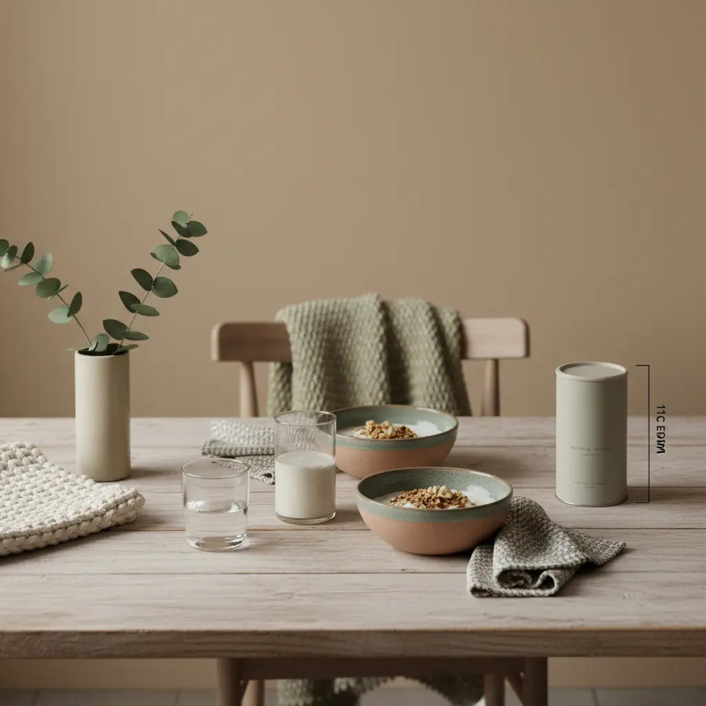 Minimalistisches Frühstück mit Granola, pflanzlichem Joghurt, Nüssen und Shake neben dem Produkt aus den Referenzfotos in einer europäischen Küche; Kontext für täglichen Jodbedarf.