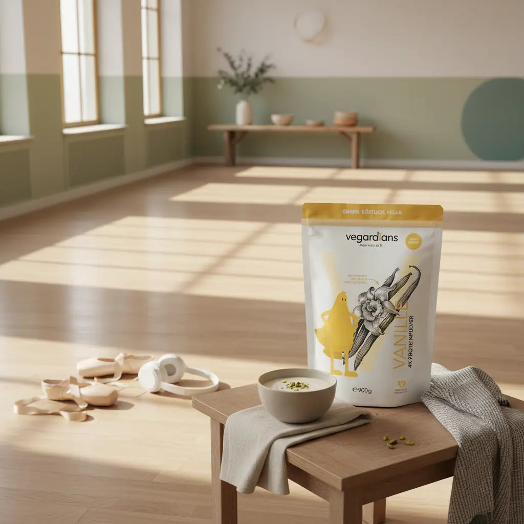 Leerer, sonnendurchfluteter Tanzboden mit Holzdielen, Tanzschuhen, Kopfhörern und dem Produkt aus den Referenzfotos auf kleinem Holztisch – Szene passend für Tanz-Workouts.