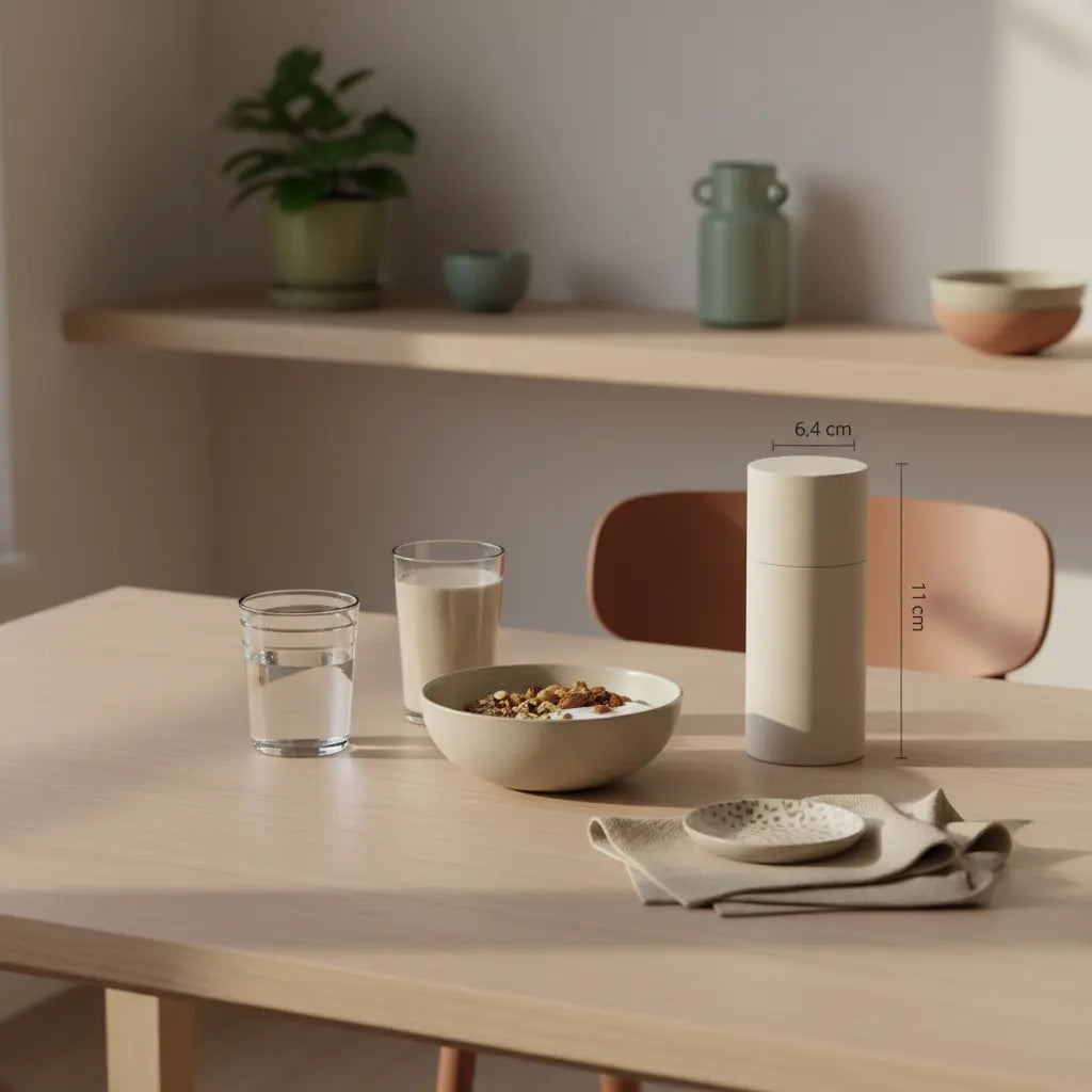 Minimalistisches Frühstück mit Granola, Joghurt, Nüssen, Shake und dem Produkt aus den Referenzfotos in einer europäischen Küche im Morgenlicht – Tee für Muskelaufbau