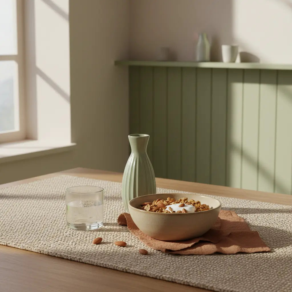 thermomix vegan Frühstück: minimalistisch gedeckter Tisch mit Granola, pflanzlichem Joghurt, Nüssen und Shake in warmen, erdigen Beige-, Salbei- und Terrakotta-Tönen