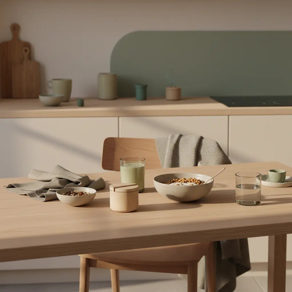 Minimalistisches veganes Frühstück mit Granola, Pflanzendrink, Nüssen und Shake auf nachhaltigem Holztisch in europäischer Küche – Fokus auf Produkt für Tofu Gewichtszunahme.