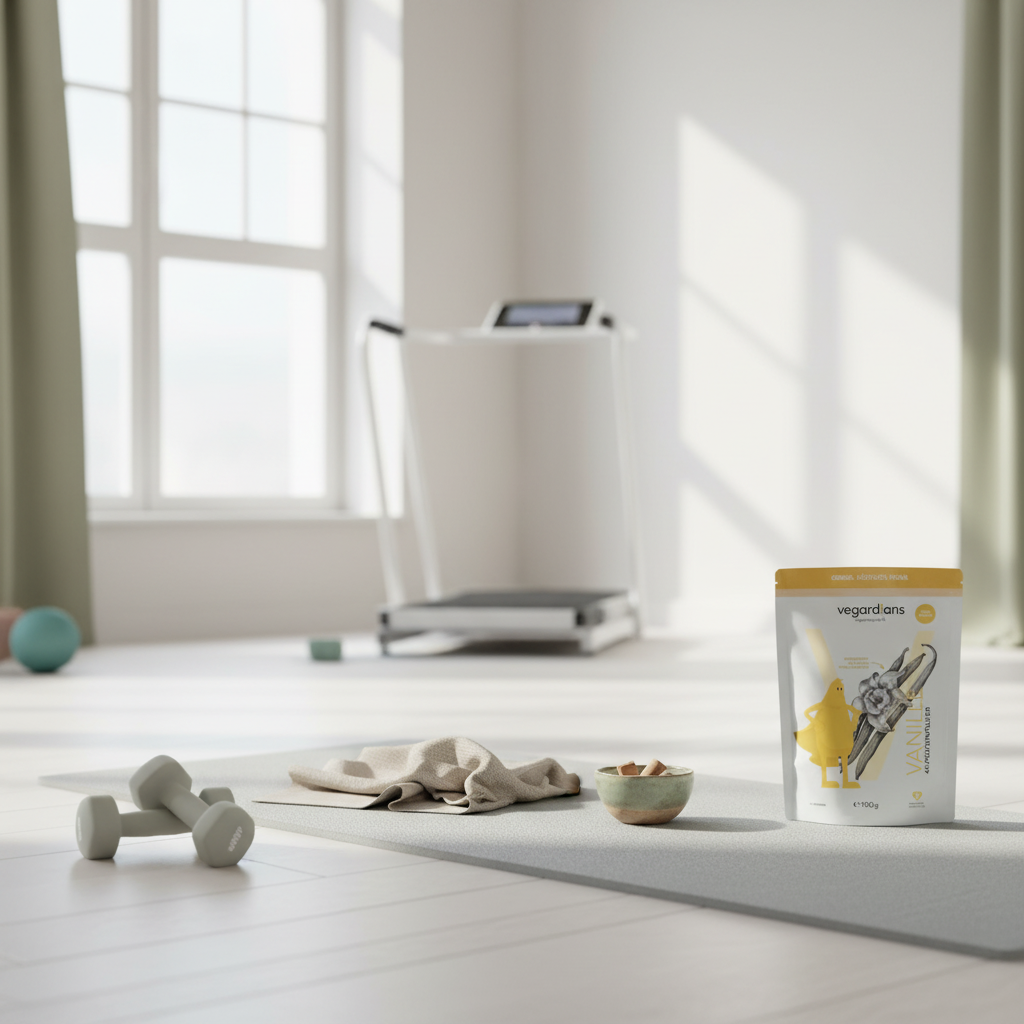 Minimalistische Studioecke am Morgen mit Matte, leichten Hanteln und Trainingsmaschine am Fenster in erdigen Salbei- und Akzenttönen – training mit 14