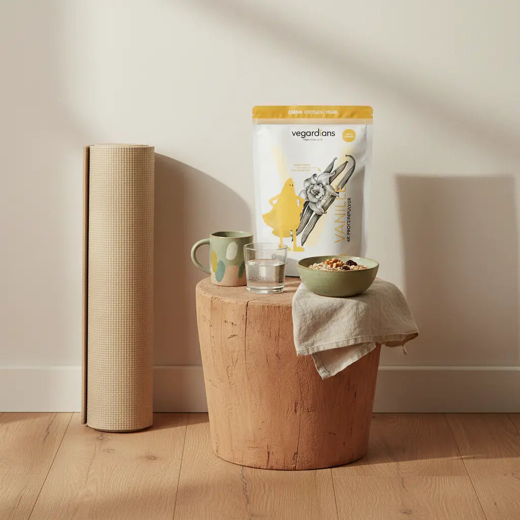 Minimalistische Küchen‑ecke im Morgenlicht mit Yogamatte, Glas Wasser, geschlossenem Proteinpulverbehälter und Haferflocken, ruhig vorbereitet für training zuhause