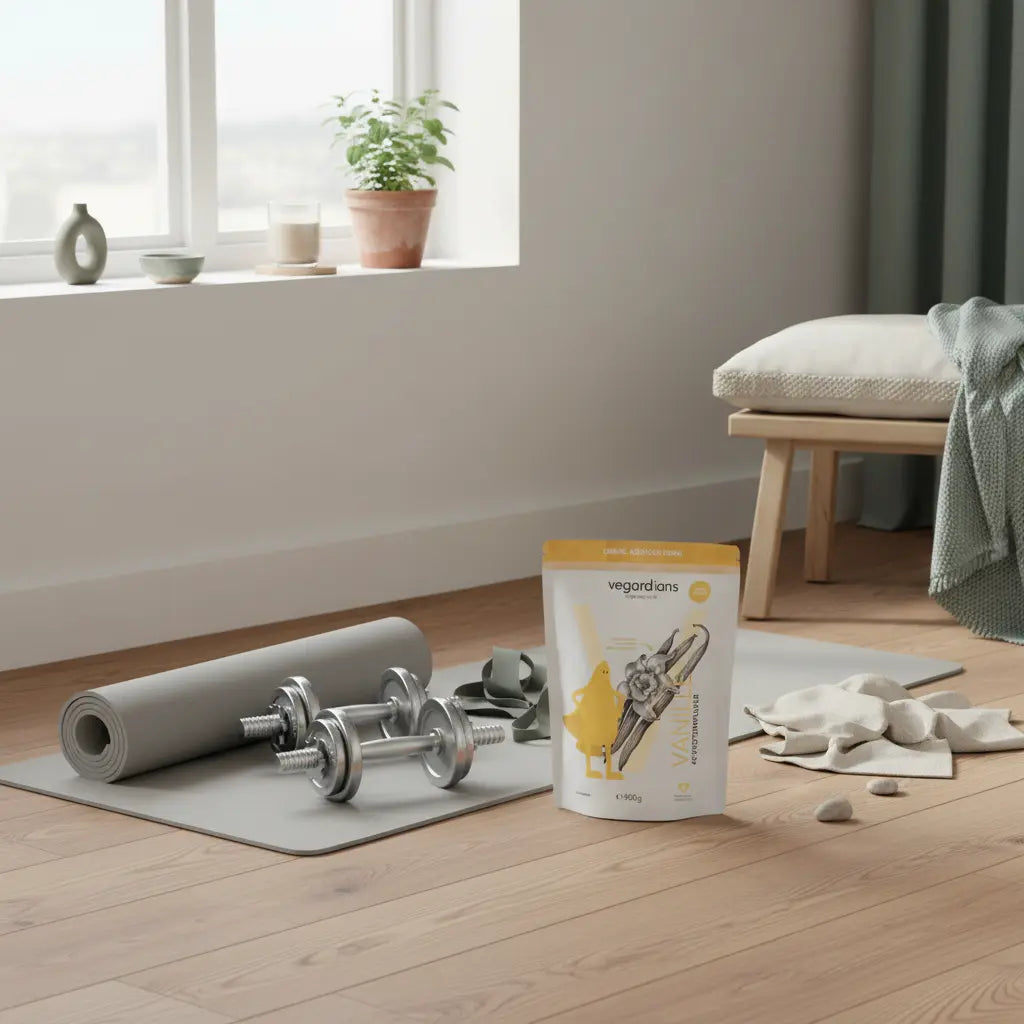 Minimalistisches Wohnzimmer mit Yogamatte, Kurzhanteln, Widerstandsbändern und Shake auf der Fensterbank – training zuhause in ruhiger, nachhaltiger Ästhetik.