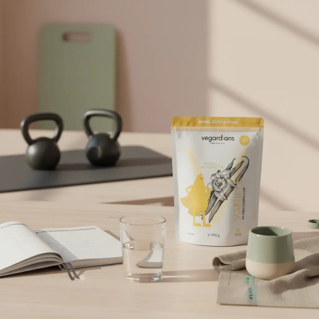 Still-life mit Trainingsjournal, Proteinshake (das Produkt), Handtuch, Kettlebells und Glas Wasser in Morgenlicht – Fokus Trainingsfrequenz Muskelaufbau.