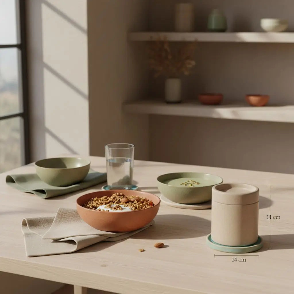 Minimalistischer nachhaltiger Frühstückstisch mit veganem Müsli, pflanzlichem Joghurt, Nüssen und Shake in Keramikschalen in sanftem Morgenlicht – Kontext Trainingshäufigkeit.