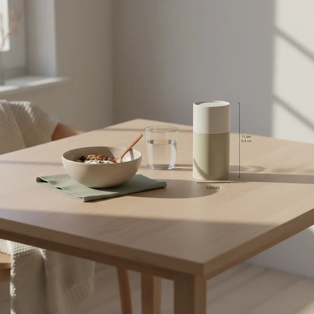 Minimalistisches Morgenfrühstück mit Granola, Joghurt, Nüssen, Shake und dem Produkt aus den Referenzfotos in einer europäischen Küche — trainingshäufigkeit muskelaufbau