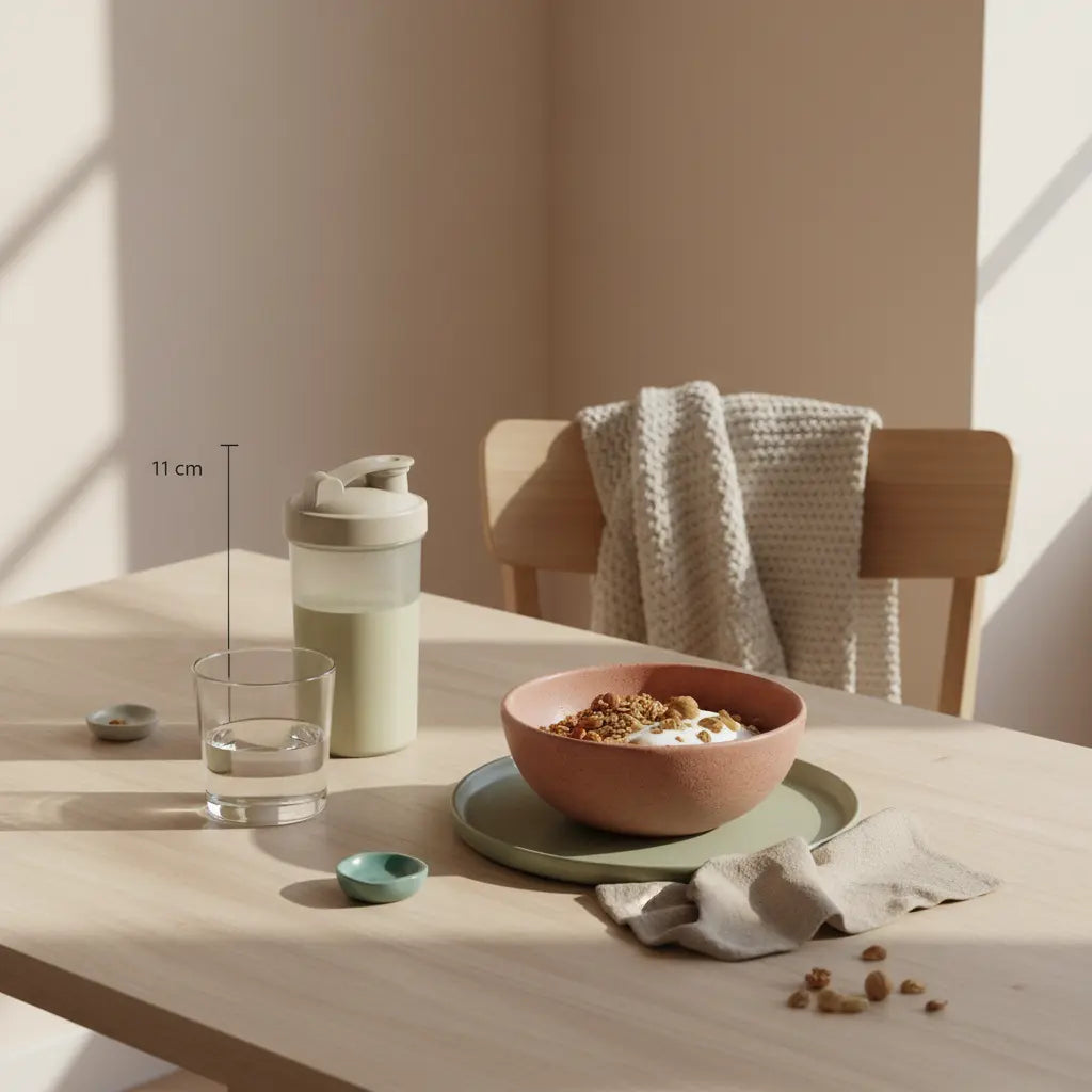 Veganes Frühstück mit Granola, Joghurt, Nüssen und Shake auf nachhaltigem Tisch im weichen Morgenlicht — ruhige, erdige Szene für Trainingsmotivation.